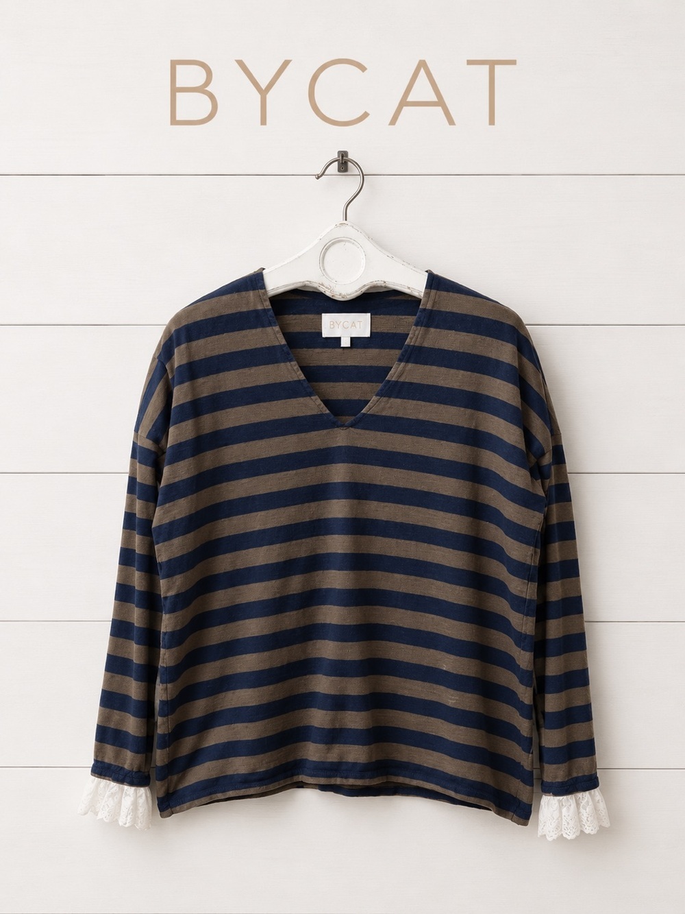 BYCAT Brown & Navy Striped Top Size 2 M/L